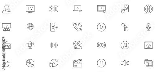Audio and Video web icons in line style. Cinema, speaker, online, picture, play button, music, collection. Editable stroke. Vector illustration.