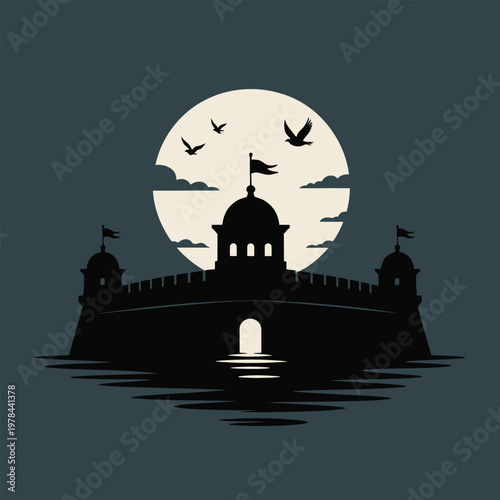 Minimalist Fort Silhouette with Full Moon and Birds – Mughal Architecture Vector Illustration