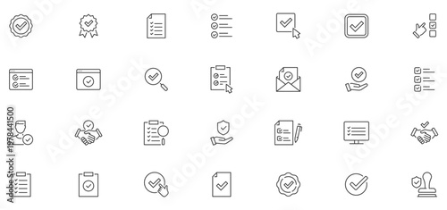 Checkmark and Approved web icon set in line style. Checklist, accepted, stamp, accept, agree, quality control, collection. Editable stroke. Vector illustration.