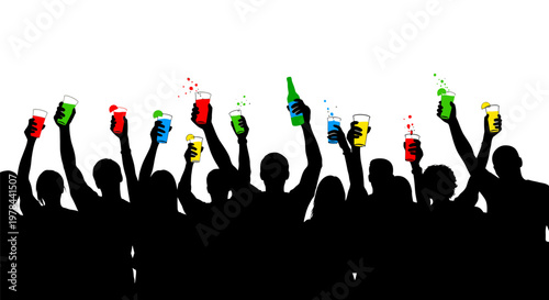 People Celebrating With Bottles Raised.