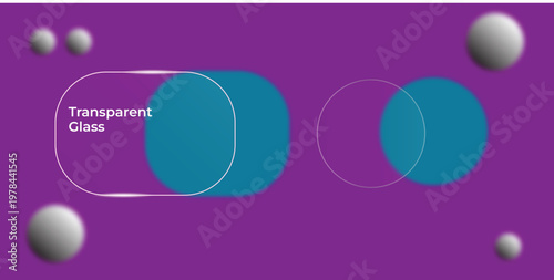 Liquid glass round and rectangle frame with solar eclipse effect on purple 3d background. Blue translucent circle with glowing neon orange rings, bright red halos on purple background