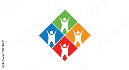 A vibrant diamond shape features four silhouetted figures with arms raised symbolizing unity and positivity