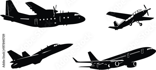 Aviation aircraft silhouette set with commercial airliner and fighter jet