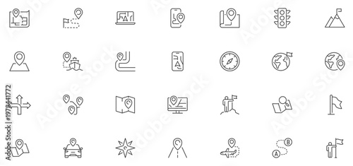 Route web icons in line style. Navigation, location, route map, traffic, pin, collection. Editable stroke. Vector illustration.