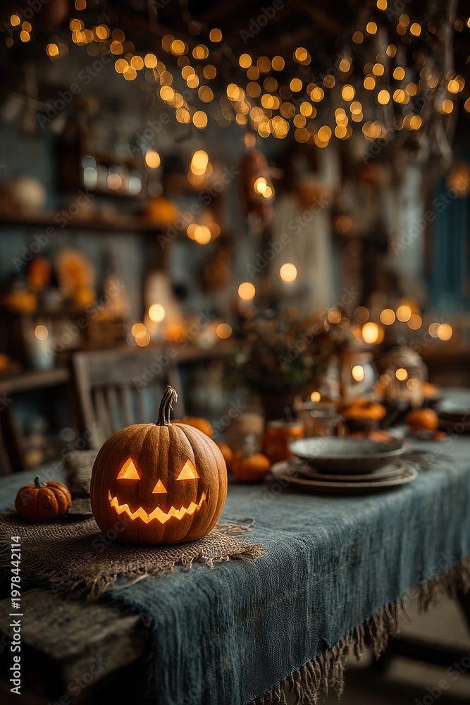 Fototapeta premium Cozy halloween table setting with glowing jack-o-lantern centerpiece and warm bokeh lights for autumn dining