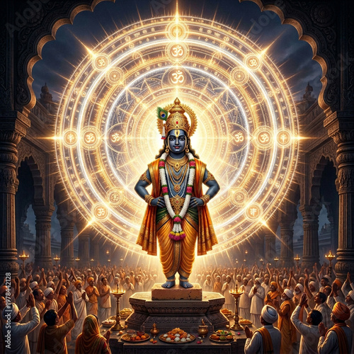 Divine Idol of Lord Vitthal with Radiant Golden Mandala Aura and Devotees in Temple