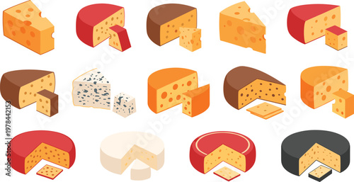 Set of cheese varieties with slices and wedges, dairy food collection isolated vector illustration for menu, grocery and culinary design