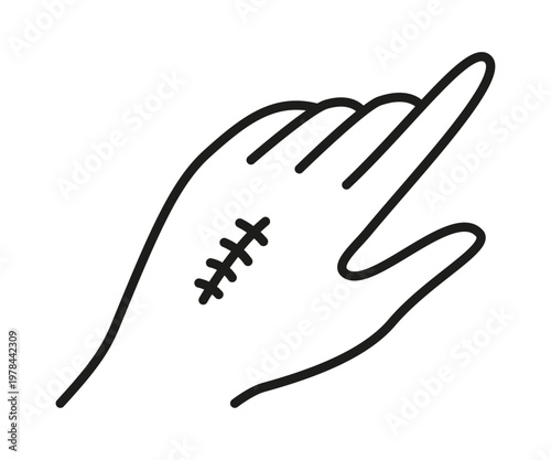 Hand line icon with stitched wound. Line art illustration of surgical suture on skin. Medical symbol for injury, trauma, surgery recovery, and healthcare treatment. Vector graphic illustartion
