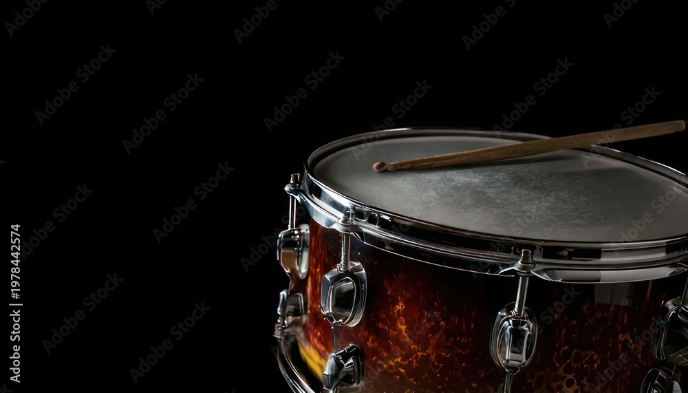 Fototapeta premium Close-up of a snare drum with a drumstick on top.