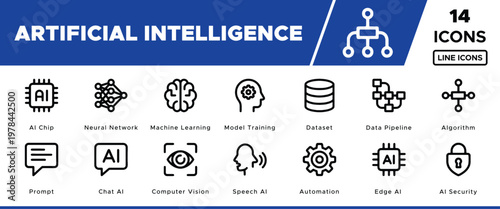 Artificial Intelligence Line Icons, 14 AI technology vector illustrations, machine learning and data processing symbols, neural network and computer vision concepts for modern tech design.