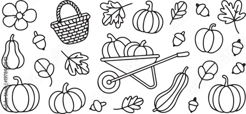 WebHand drawn collection featuring various pumpkins scattered leaves an empty woven harvest basket and a metal wheelbarrow filled with autumn squash items isolated on a plain white background for fest