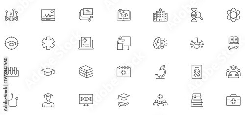 Medical Education web icon set in line style. Medicine, college, student, learning, book, collection. Editable stroke. Vector illustration.
