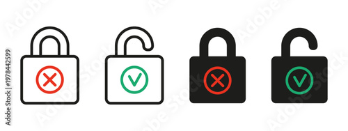 Lock and unlock icons set with check mark and cross symbol. Security padlocks for digital safety and privacy protection. Concept for data access control and internet cyber security. Vector illustratio