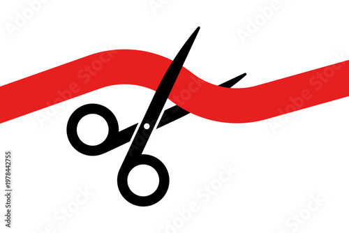 Scissors cutting red ribbon. Grand opening ceremony symbol. Celebration event launch and business inauguration sign. Start of project success. Vector illustration