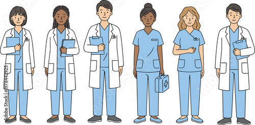 Diverse medical team of doctors and nurses in uniform for healthcare design