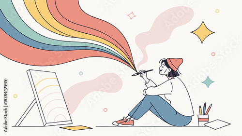 Female Artist Abstract Painting Flat Vector