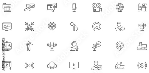 Podcast web icons in line style. Microphone, radio, webcast, audio, video, news, collection. Vector illustration.