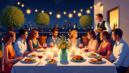 Rooftop Event with City Skyline at Night Illustration