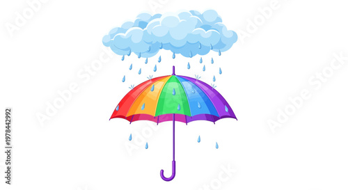 Rainbow umbrella with raindrops and clouds on a white background