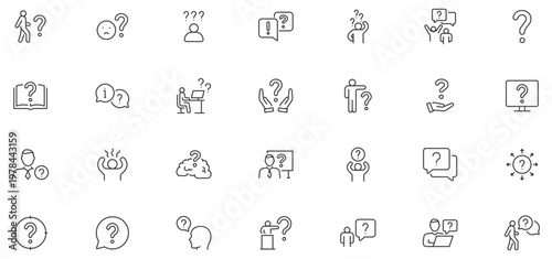 Question web icons in line style. Question mark, insecure person, confused, quiz question, collection. Editable stroke. Vector illustration.