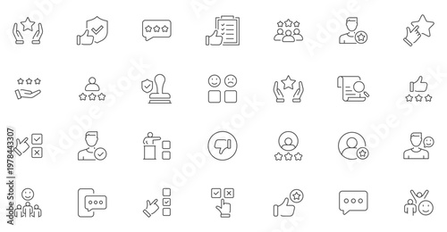 Review web icons in line style. Feedback, user, testimonials, comment, like, survey, rating. Editable stroke. Vector illustration.