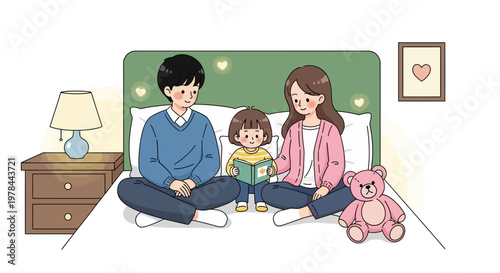 Illustration of a family with a child reading a book on a bed with a green headboard and a teddy bear