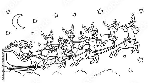 Santa claus in sleigh pulled by reindeer silhouetted against night sky