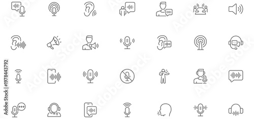 Voice web icons in line style. Sound wave, voice recognition, message, audio, speech, collection. Editable stroke. Vector illustration.