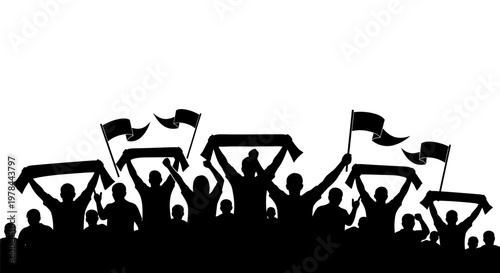 Silhouette of people waving flags high.