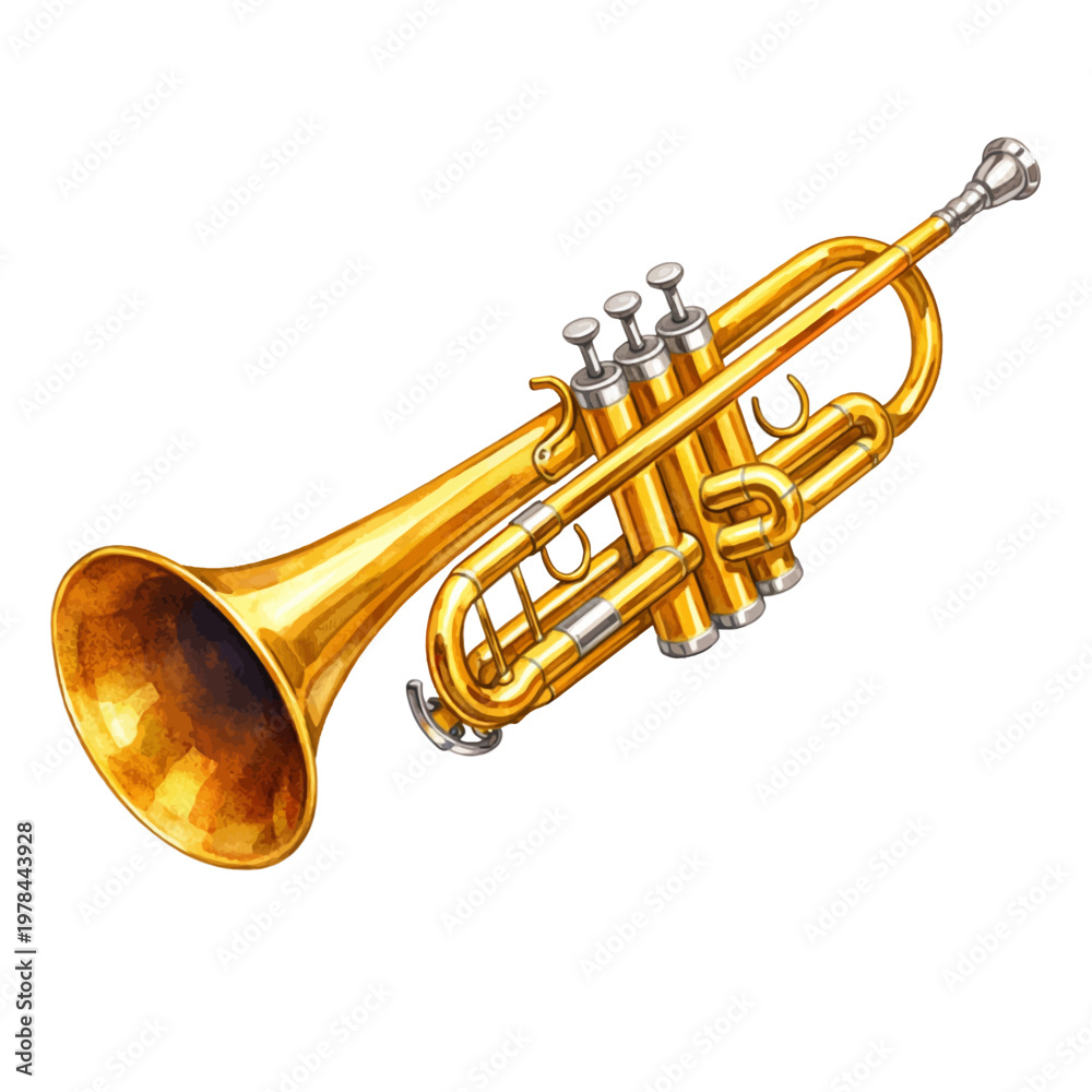 Obraz premium A watercolor illustration of trumpet instrument featuring golden brass trumpet, detailed valves, curved tubing, and shiny metallic finish isolated on white background.