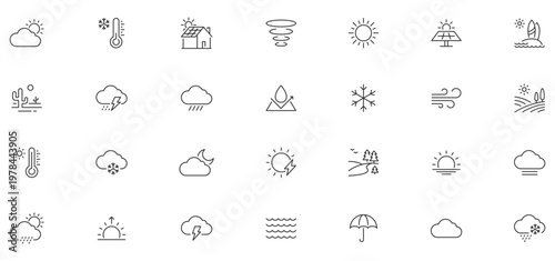 Weather web icons in line style. Clouds, sun, moon, snowflakes, wind, sunny day, collection. Editable stroke. Vector illustration.