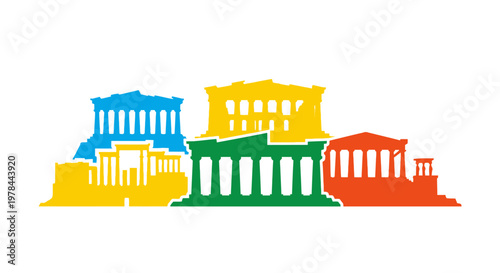 Colorful illustration of ancient buildings.