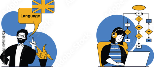 A man translating languages using a computer and a woman managing data flow