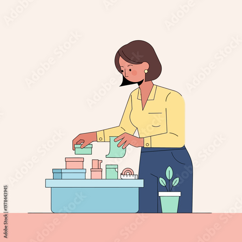 Woman organizing items in a box.