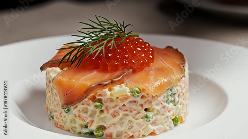 Gourmet salad with salmon roe and smoked salmon on white plate