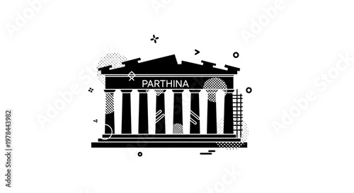 Black and white Parthina building illustration.