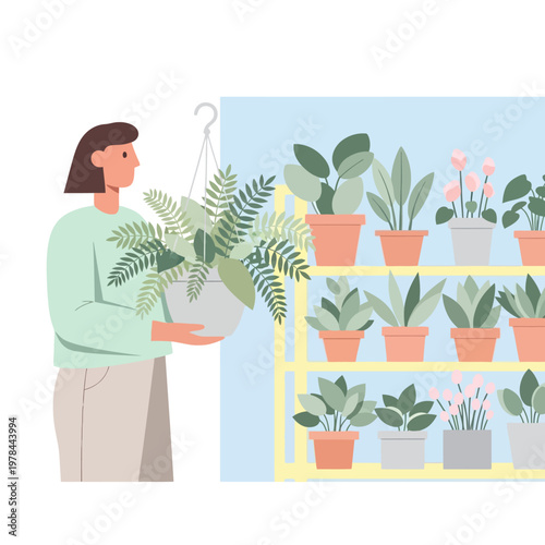 Woman holding a hanging plant in a plant shop.