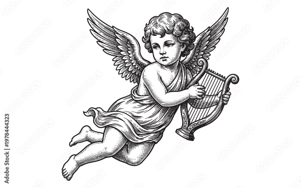 Fototapeta premium Detailed Engraving of a Winged Cherub Angel Playing a Musical Harp