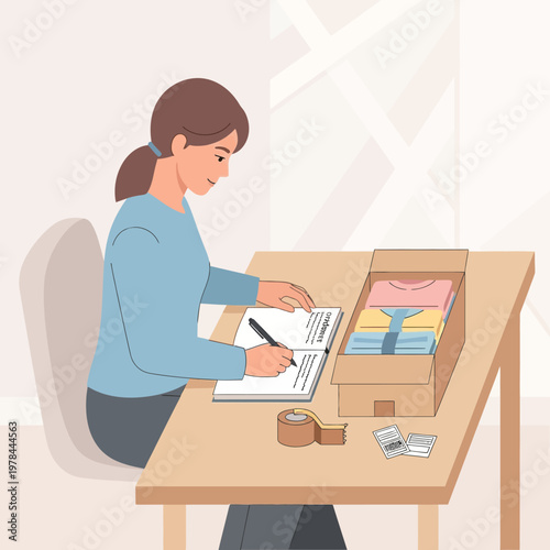 Woman preparing clothes for donation or shipping.