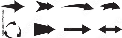 A Set Of Different Curve Arrow Icon Illustration Set Design, Black Direction Symbol Artwork Element, Vector Design, black silhouette,