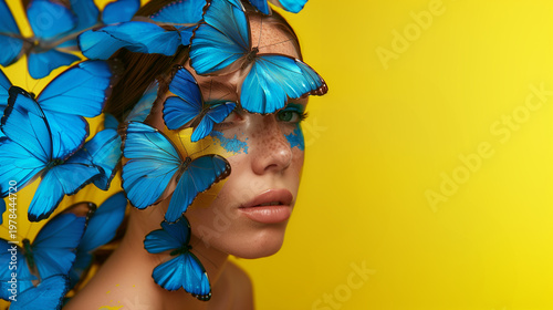 A woman with a blue butterfly perched on her head, creating a delicate and whimsical portrait that blends beauty with a touch of fantasy.