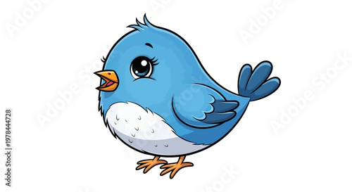 Cute blue bird cartoon vector illustration featuring a funny character with a blue wing and beak flying in nature as a tweet symbol art drawing
