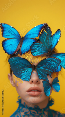 A woman with a blue butterfly perched on her head, creating a delicate and whimsical portrait that blends beauty with a touch of fantasy.