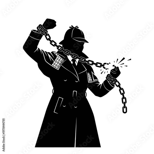 Silhouette of a detective breaking chains, symbolizing freedom and strength.