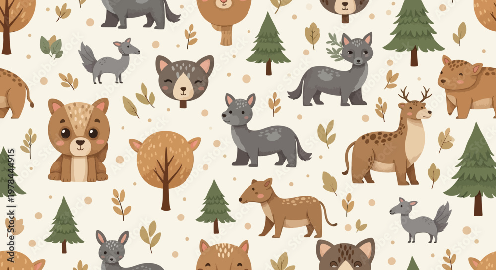 Fototapeta premium Cute cartoon animal set featuring seamless patterns with cats and wild zoo creatures like lions and bears in a colorful vector illustration collection for baby farm pets