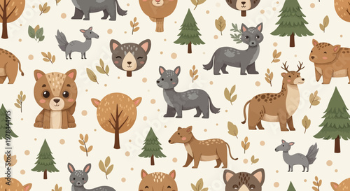 Cute cartoon animal set featuring seamless patterns with cats and wild zoo creatures like lions and bears in a colorful vector illustration collection for baby farm pets