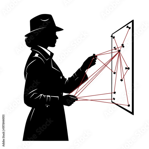 Silhouette of a Detective Connecting Clues on a Crime Board.