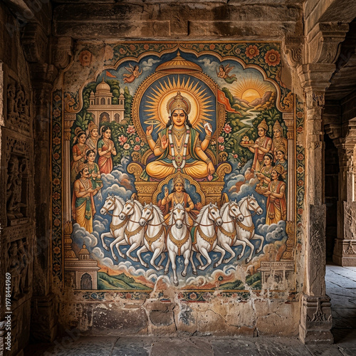 Ornate temple wall mural of...