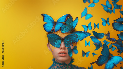 A woman with a blue butterfly perched on her head, creating a delicate and whimsical portrait that blends beauty with a touch of fantasy.