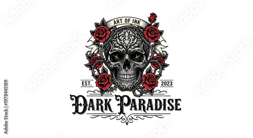 Vintage gothic tribal skull tattoo design featuring a scary skeleton head with a red ribbon and grunge art elements for a horror themed Halloween vector illustration